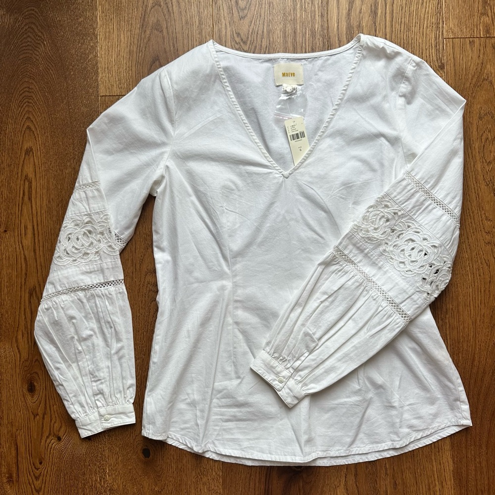 NWT Maeve by Anthropologie White Embroidered Long Sleeve Blouse, White, Size 6